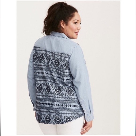 Torrid Blue Denim Chambray Button Down Aztec Embroidery Collar - Picture 1 of 8